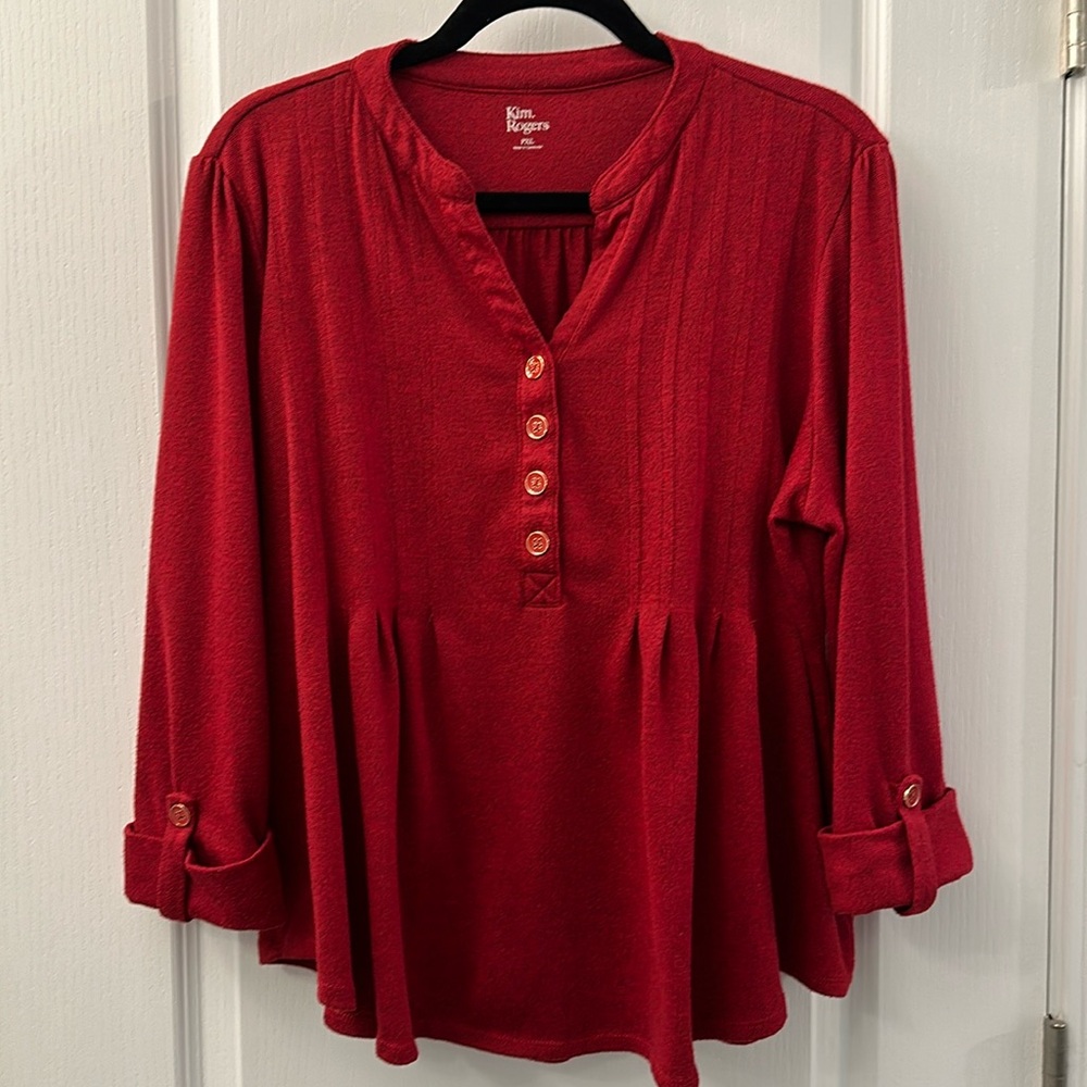 Kim Rogers petite XL red sweater 3/4 sleeves, v-neck, very soft! EUC